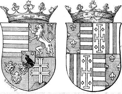 II. Andrásról néhány mondatban... A liliomokkal hintett mező az Anjou, a vörös-ezüst vágásos a velük vérrokon Árpád, a mankóskereszt a jeruzsálemi királyság, a Vörös-fehér hasításos mező pedig az aragon királyság címere.