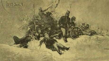 Az 1849 január 4-iki vízaknai ütközetből. Roskovics Ignácz rajza. Ismertető szöveg: A vízaknai ütközet az 1848-49-es szabadságharc egy ütközete volt, melynek során 1849. február 4-én Bem József vezérőrnagy erdélyi hadserege, Nagyszebentől északnyugatra, Vízaknánál megütközött Puchner Antal császári seregével. Az ütközetben és az azt követő visszavonulás során a magyar csapatok súlyos, csaknem megsemmisítő vereséget szenvedtek. (Forrás: Wikipédia)