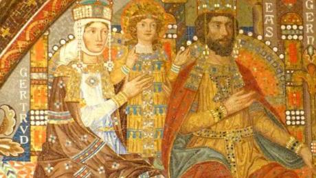 Gertrúd királyné, Szent Erzsébet és II. András király, mozaikkép Wartburgban (részlet)